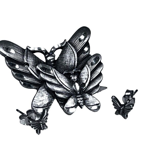 Vtg Estate Jewelry Butterfly Brooch Pin Intergrated Matching Earrings Set of 3 - Picture 3 of 8